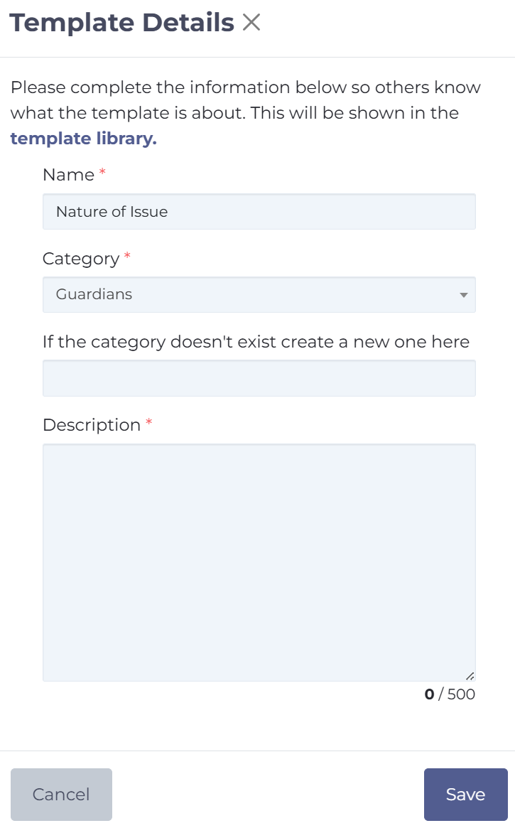 Modal when adding a template to the template library